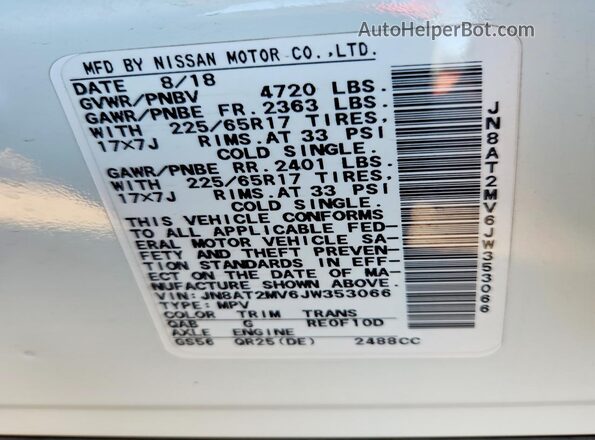 JN8AT2MV6JW353066 2018 NISSAN ROGUE White Widok naklejki z numerem VIN