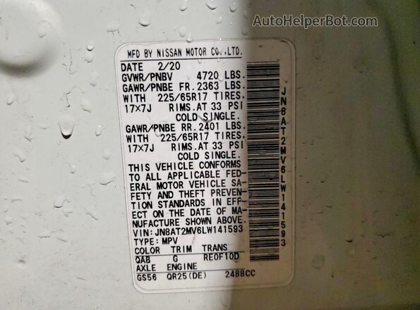 JN8AT2MV6LW141593 2020 NISSAN ROGUE White VIN sticker view