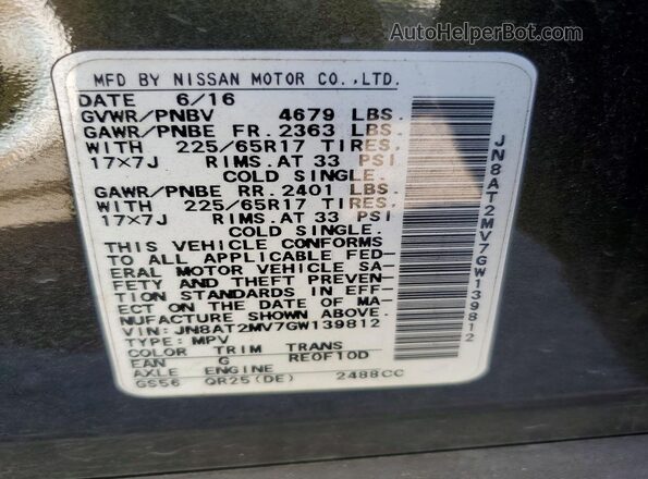 JN8AT2MV7GW139812 2016 NISSAN ROGUE Green Вид наклейки з VIN-кодом