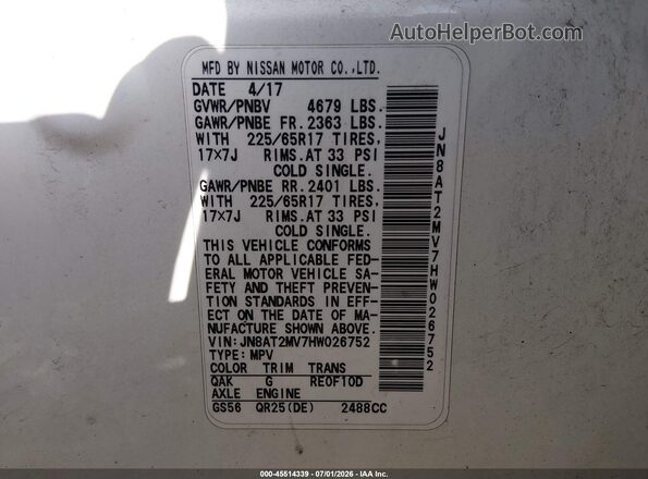 JN8AT2MV7HW026752 2017 NISSAN ROGUE White Вид підкапотного простору