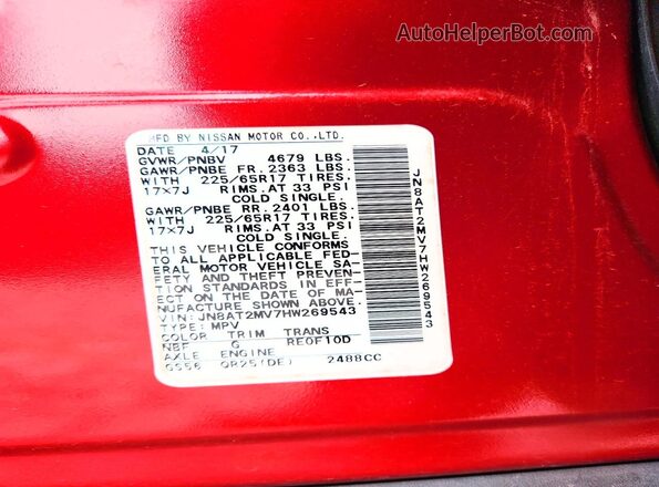 JN8AT2MV7HW269543 2017 NISSAN ROGUE Red VIN կոդի պիտակի տեսք