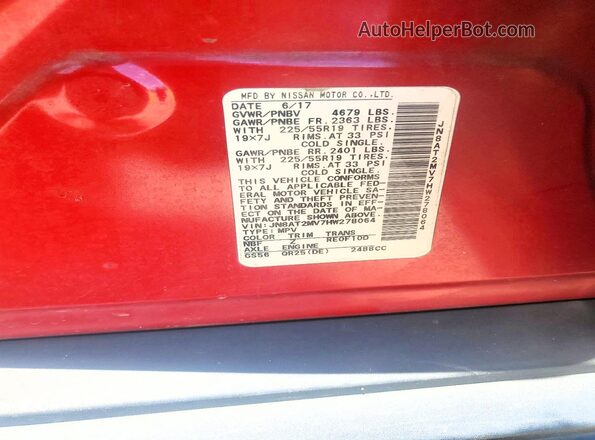 JN8AT2MV7HW278064 2017 NISSAN ROGUE Red VIN კოდის სტიკერის ხედი