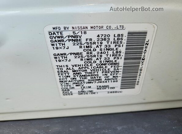 JN8AT2MV7JW341198 2018 NISSAN ROGUE Белый Вид наклейки с VIN-кодом