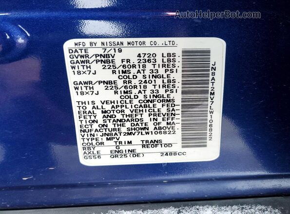 JN8AT2MV7LW106822 2020 NISSAN ROGUE Blue VIN კოდის სტიკერის ხედი