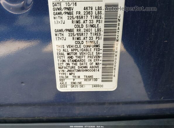 JN8AT2MV8HW000614 2017 NISSAN ROGUE Blue Вид підкапотного простору