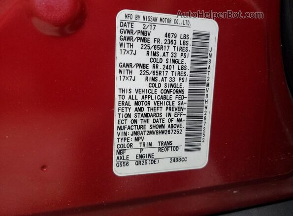JN8AT2MV8HW267252 2017 NISSAN ROGUE Красный Вид подкапотного пространства