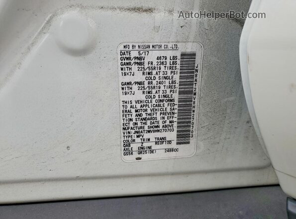 JN8AT2MV8HW270703 2017 NISSAN ROGUE White Вид наклейки з VIN-кодом