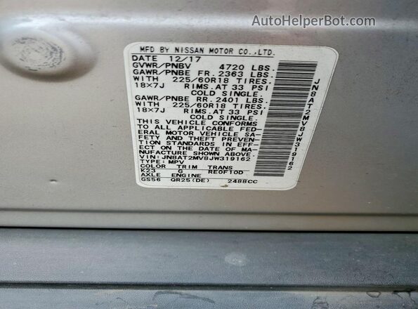 JN8AT2MV8JW319162 2018 NISSAN ROGUE Silver VIN sticker view