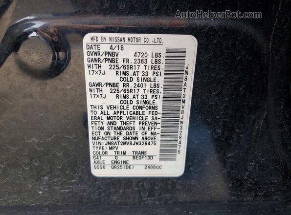 JN8AT2MV8JW328475 2018 NISSAN ROGUE Black Widok naklejki z numerem VIN