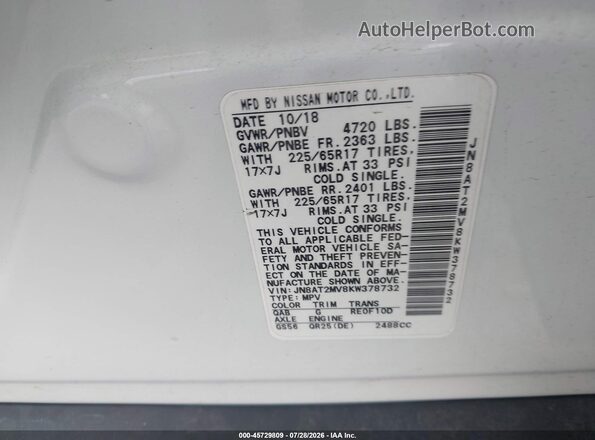 JN8AT2MV8KW378732 2019 NISSAN ROGUE White Вид підкапотного простору