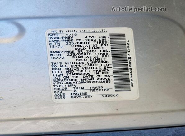 JN8AT2MV8KW394655 2019 NISSAN ROGUE Silver Engine compartment view