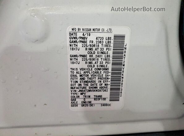 JN8AT2MV8KW397362 2019 NISSAN ROGUE Белый Вид наклейки с VIN-кодом