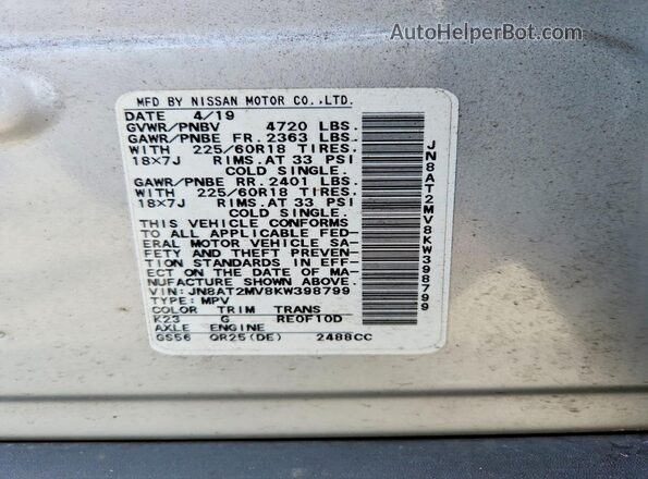 JN8AT2MV8KW398799 2019 NISSAN ROGUE Silver Vista del compartimento del motor