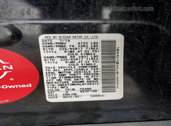 JN8AT2MV8LW105372 2020 NISSAN ROGUE Черный Панорамный вид салона 360°