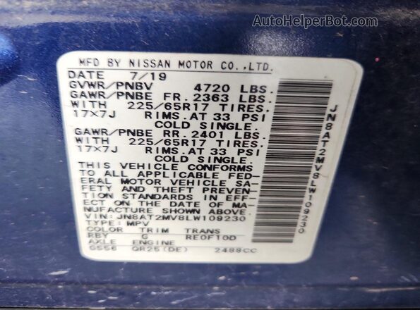 JN8AT2MV8LW109230 2020 NISSAN ROGUE Blue VIN կոդի պիտակի տեսք