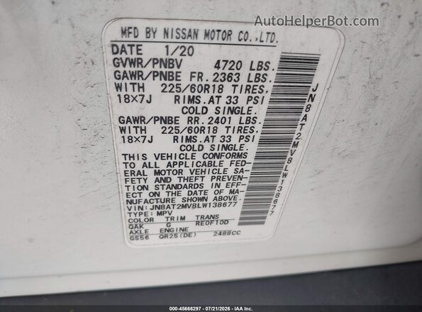 JN8AT2MV8LW138677 2020 NISSAN ROGUE White Շարժիչի բաժամունքի տեսք