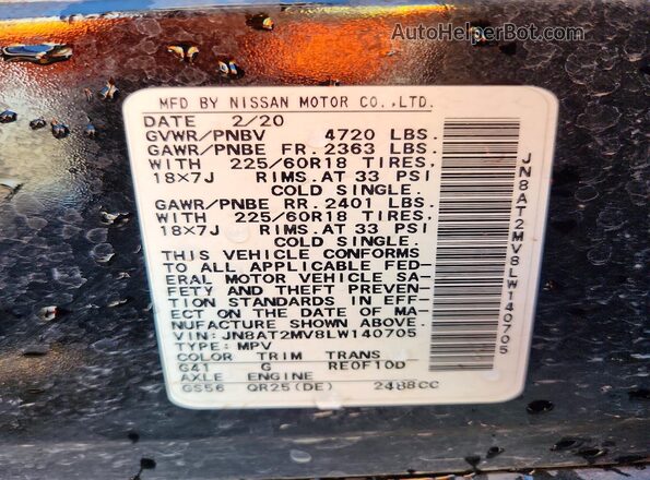JN8AT2MV8LW140705 2020 NISSAN ROGUE Black Vista de la etiqueta del VIN