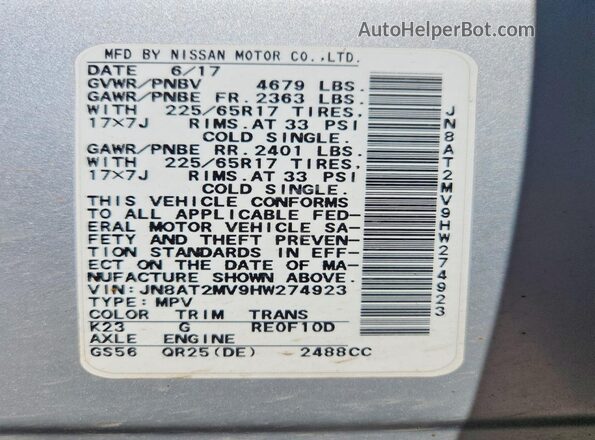 JN8AT2MV9HW274923 2017 NISSAN ROGUE Серебряный Вид наклейки с VIN-кодом