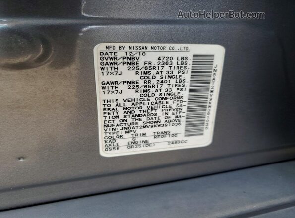 JN8AT2MV9KW391036 2019 NISSAN ROGUE Gray VIN կոդի պիտակի տեսք