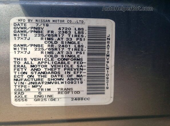 JN8AT2MV9LW109219 2020 NISSAN ROGUE Gray Widok naklejki z numerem VIN