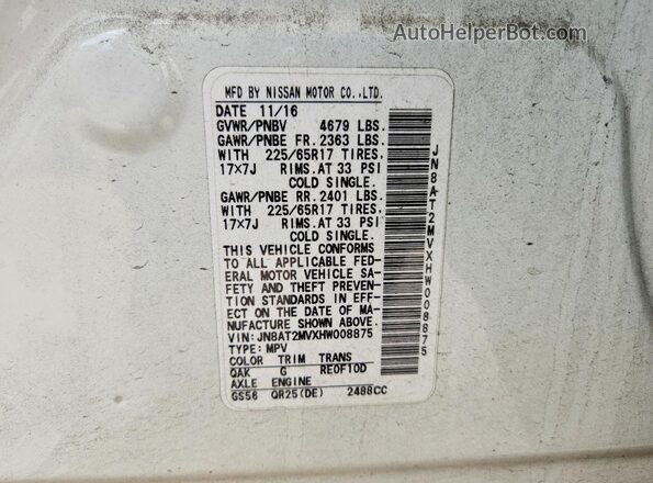 JN8AT2MVXHW008875 2017 NISSAN ROGUE White Панорамний вид салону 360°