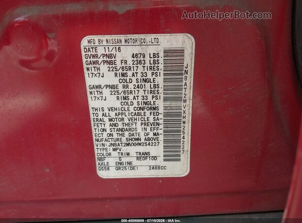 JN8AT2MVXHW254227 2017 NISSAN ROGUE Красный Вид подкапотного пространства