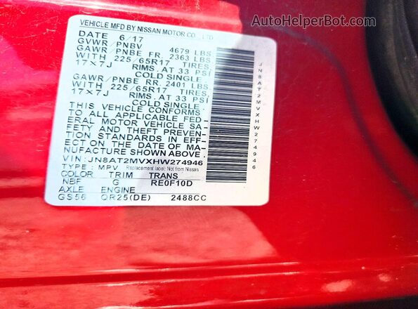 JN8AT2MVXHW274946 2017 NISSAN ROGUE Red Widok komory silnika