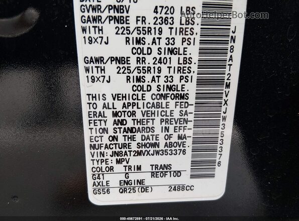 JN8AT2MVXJW353376 2018 NISSAN ROGUE Black Շարժիչի բաժամունքի տեսք