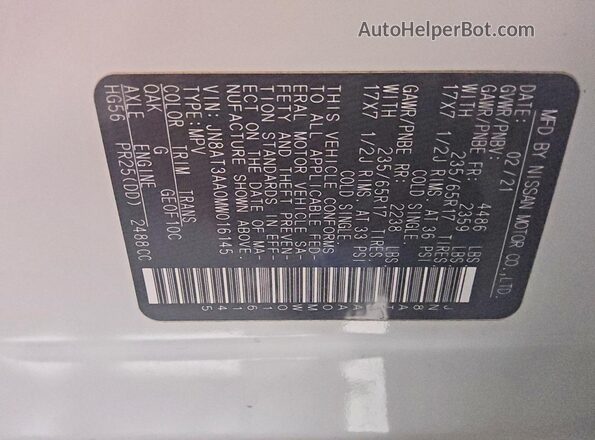 JN8AT3AA0MW016145 2021 NISSAN ROGUE Белый Вид наклейки с VIN-кодом