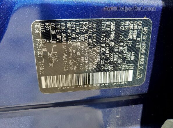 JN8AT3AA5MW013936 2021 NISSAN ROGUE Blue VIN კოდის სტიკერის ხედი