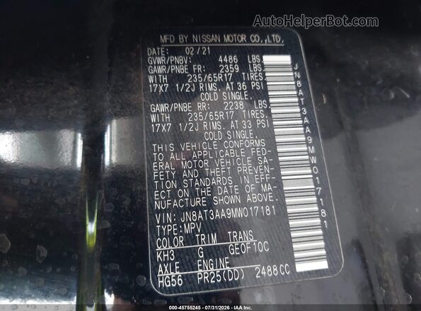 JN8AT3AA9MW017181 2021 NISSAN ROGUE Black Vista del compartimento del motor