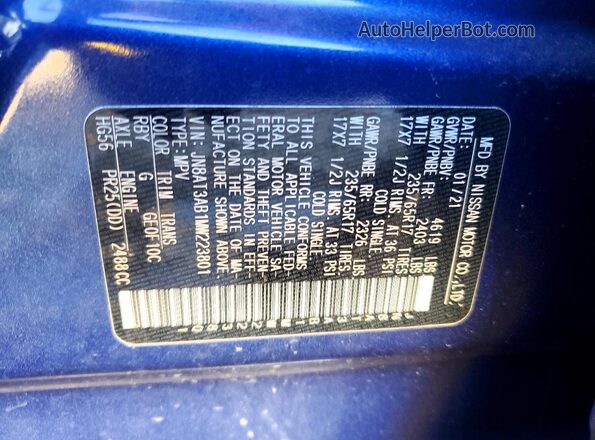 JN8AT3AB1MW223801 2021 NISSAN ROGUE Blue Vista de la etiqueta del VIN