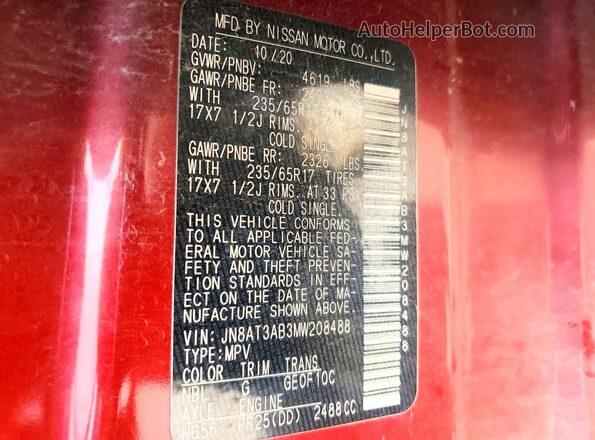 JN8AT3AB3MW208488 2021 NISSAN ROGUE Red Панорамний вид салону 360°