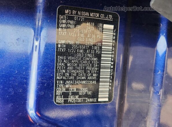 JN8AT3AB4MW223646 2021 NISSAN ROGUE Blue Vista interior de 360 grados