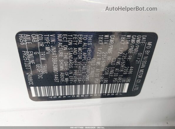 JN8AT3BA3MW014467 2021 NISSAN ROGUE White Widok komory silnika