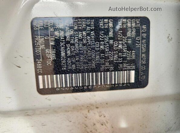 JN8AT3CA6MW028278 2021 NISSAN ROGUE White VIN կոդի պիտակի տեսք