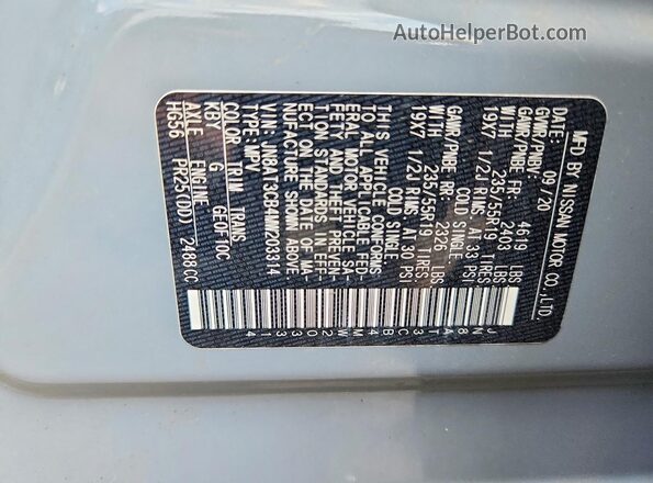 JN8AT3CB4MW203314 2021 NISSAN ROGUE Gray Vista de la etiqueta del VIN
