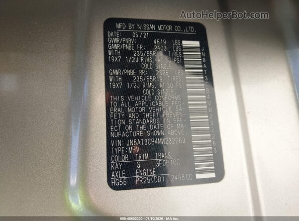 JN8AT3CB4MW232263 2021 NISSAN ROGUE Gray Շարժիչի բաժամունքի տեսք