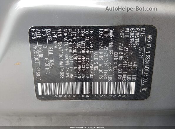 JN8AT3DC1MW104988 2021 NISSAN ROGUE Gray Vista del compartimento del motor