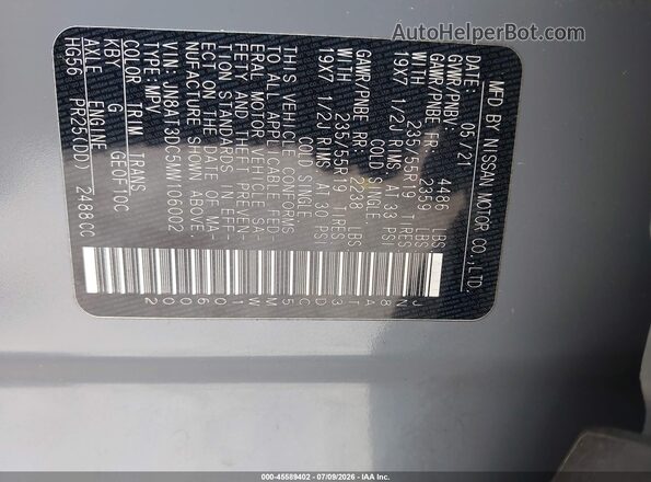 JN8AT3DC5MW106002 2021 NISSAN ROGUE Gray Engine compartment view