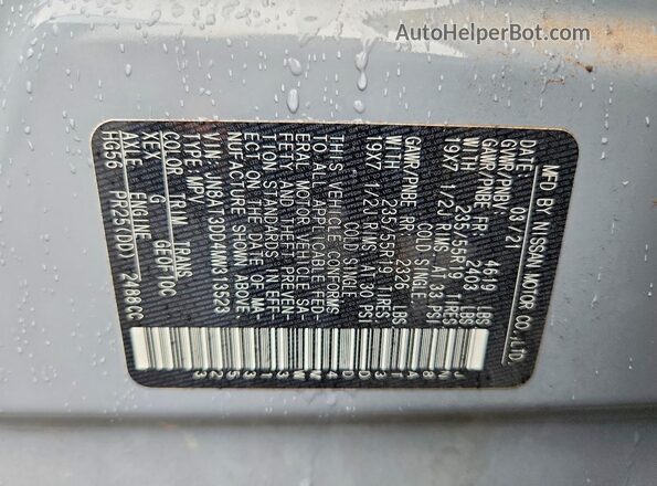 JN8AT3DD4MW313523 2021 NISSAN ROGUE Gray Vista de la etiqueta del VIN