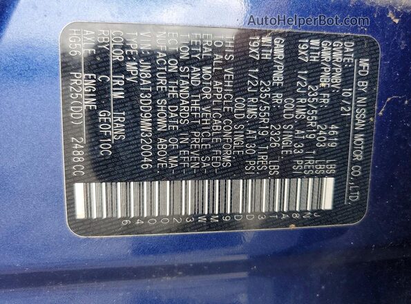 JN8AT3DD9MW320046 2021 NISSAN ROGUE Blue Widok naklejki z numerem VIN