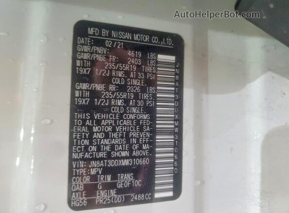 JN8AT3DDXMW310660 2021 NISSAN ROGUE White Вид наклейки з VIN-кодом