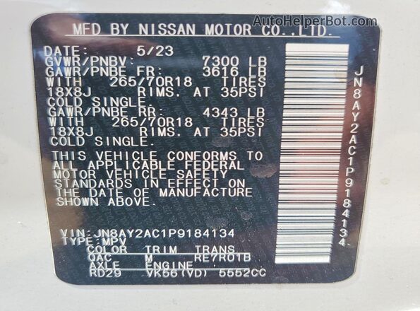 JN8AY2AC1P9184134 2023 NISSAN ARMADA White VIN კოდის სტიკერის ხედი