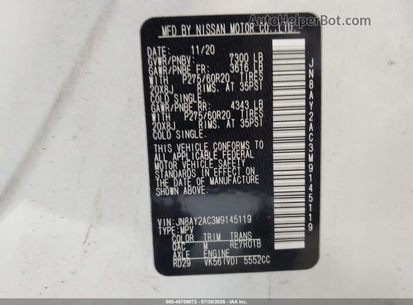 JN8AY2AC3M9145119 2021 NISSAN ARMADA White Engine compartment view