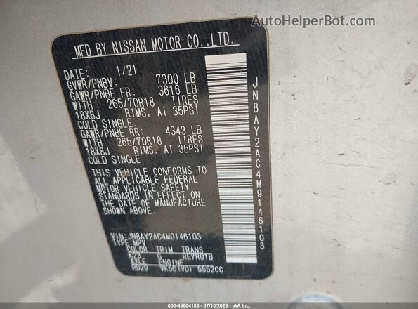 JN8AY2AC4M9146103 2021 NISSAN ARMADA Silver Вид підкапотного простору