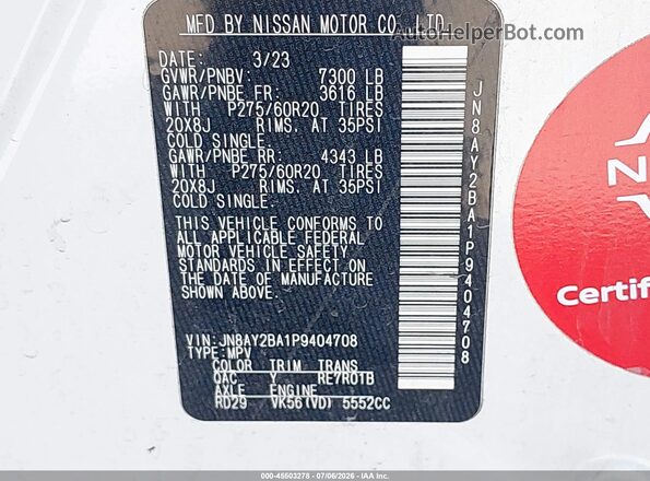 JN8AY2BA1P9404708 2023 NISSAN ARMADA White Engine compartment view