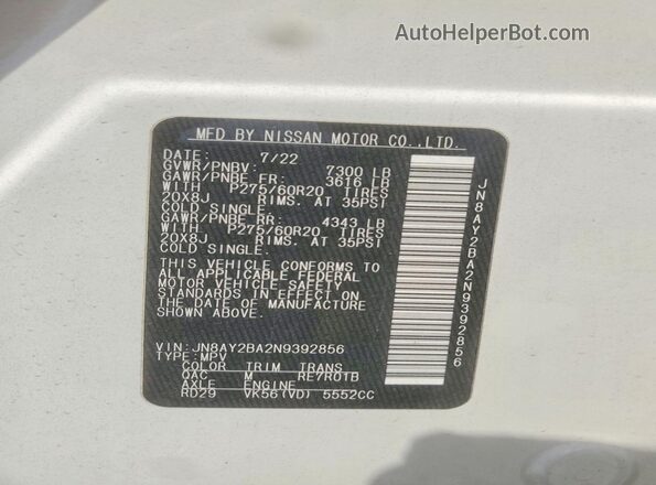 JN8AY2BA2N9392856 2022 NISSAN ARMADA White VIN կոդի պիտակի տեսք