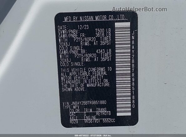 JN8AY2BB7R9851880 2024 NISSAN ARMADA White Widok komory silnika