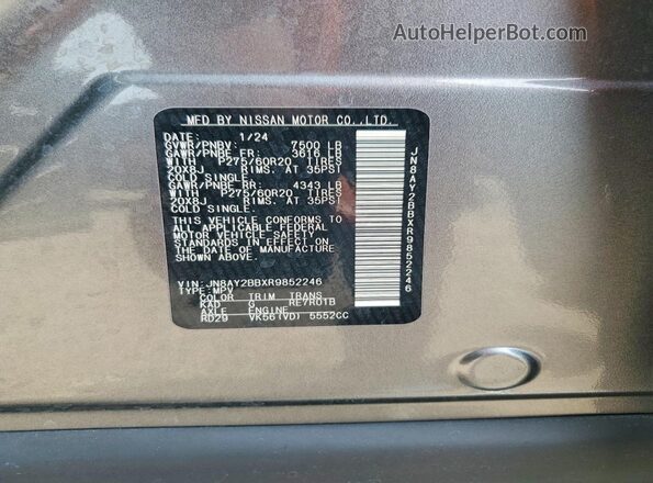 JN8AY2BBXR9852246 2024 NISSAN ARMADA Gray VIN კოდის სტიკერის ხედი